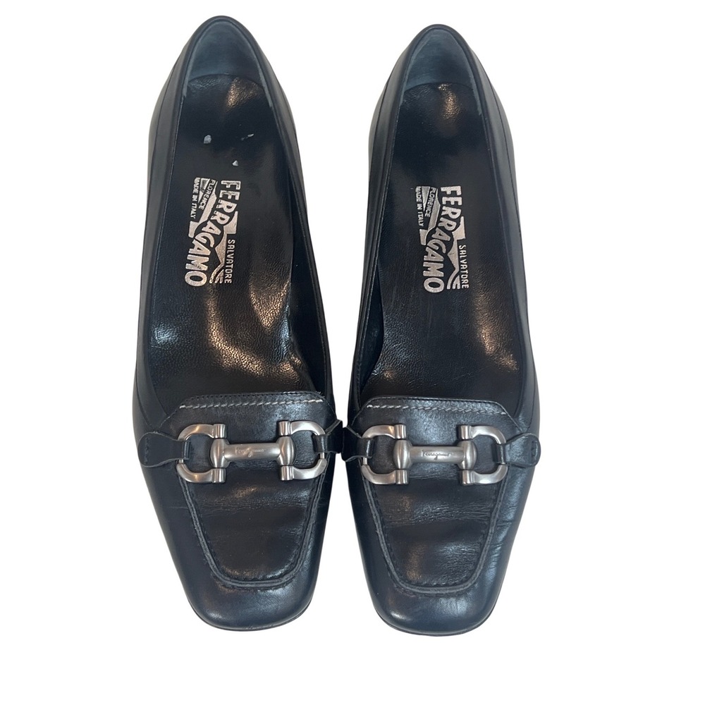 Salvatore Ferragamo Black Leather‎ Gancini Bit Kitten Heel Pumps 7